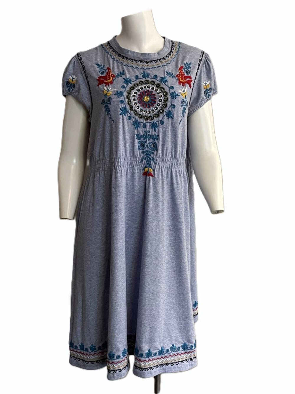 Double D Ranch Dress Medium Blue Embroidered T-Shirt Cotton Knit Birds Beaded
